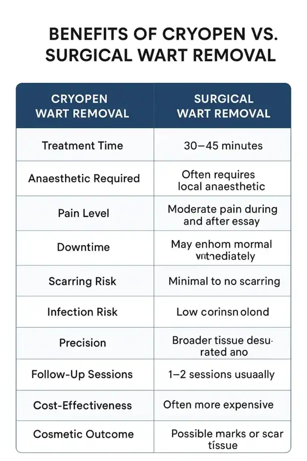 Table showing the benefits of cryopen to remove warts Maidenhead compared to surgical treatment